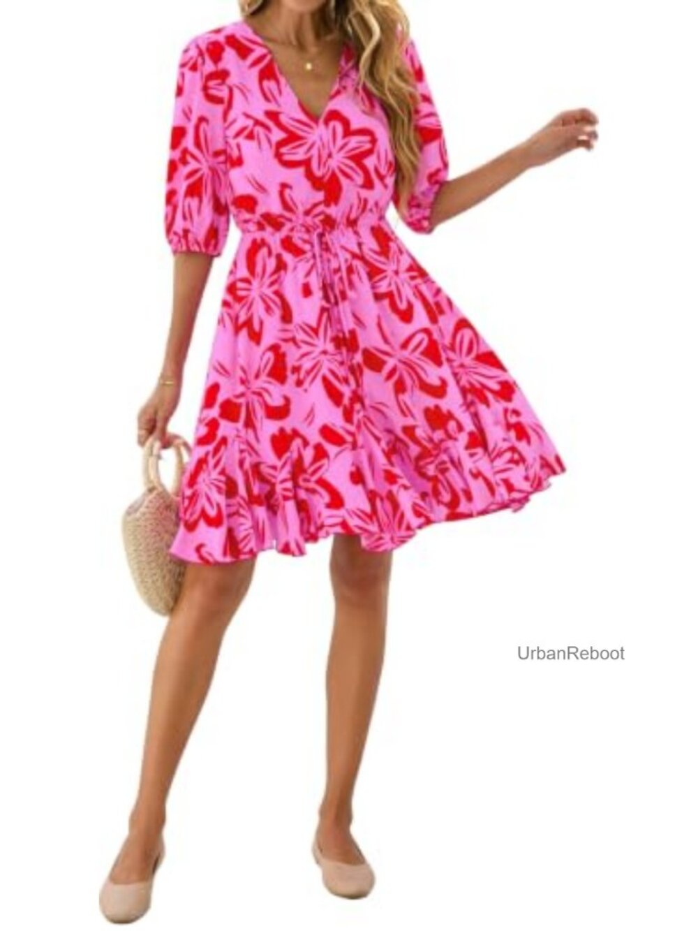 Women's Mini Floral Dress V Neck Puff Sleeve Ruffle Hem Beach Vacation